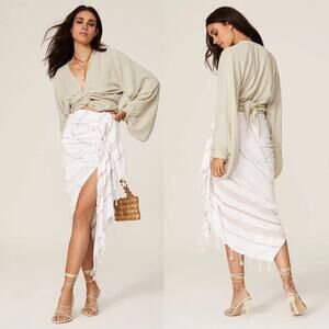 Just Bee Queen Tulum Skirt Striped Asymmetrical Hem Ruched Midi Cotton Neutral L